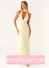 Alicia Satin Halter Maxi Dress - Yellow