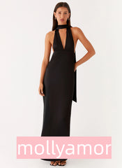 Alicia Satin Halter Maxi Dress - Black