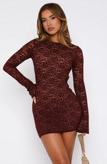 Naughty Or Nice Long Sleeve Lace Mini Dress Burgundy