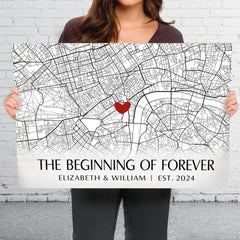 Location Map The Beginning Of Forever - Couple Personalized Custom Map Horizontal Canvas - Map Art. Gift For Husband Wife. Anniversary. Long Distance Relationship