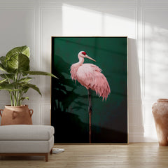 Pink Crane on Green Print