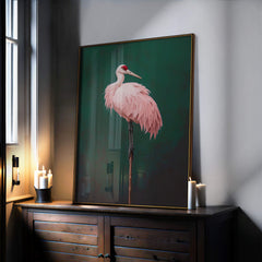 Pink Crane on Green Print