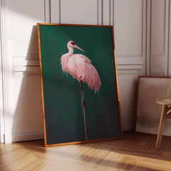 Pink Crane on Green Print