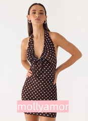Ask You Twice Mini Dress - Chocolate Blue Dot