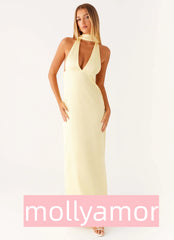 Alicia Satin Halter Maxi Dress - Yellow