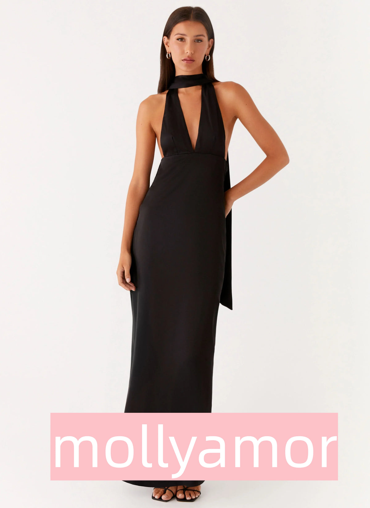 Alicia Satin Halter Maxi Dress - Black