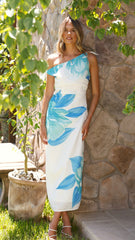 Maisy Shoulder Tie Midi Dress - Blue Teal