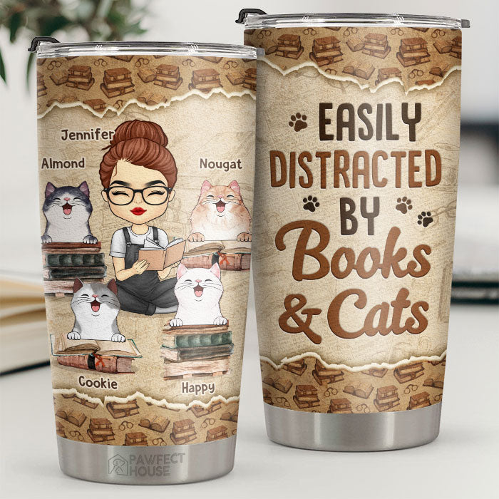 Easily Distracted By Books & Cats - Personalized Tumbler - Gift For Cat Lovers. Cat Owners. Cat Gift. Gift For Pet Lovers