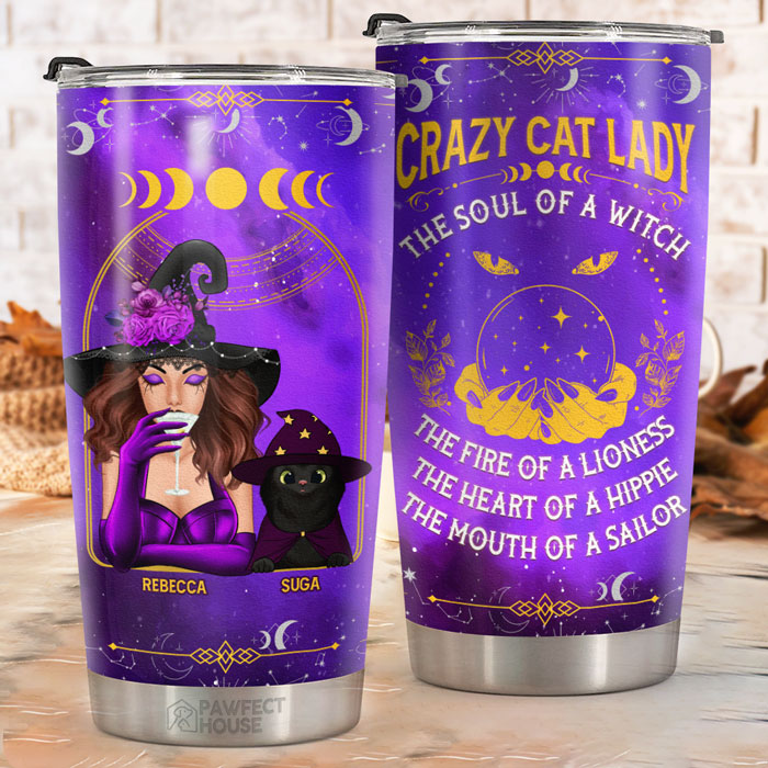 Crazy Cat Lady. The Soul Of A Witch. The Fire Of A Lioness - Personalized Tumbler - Gift For Yourself. Gift For Pet Lovers. Halloween Gift
