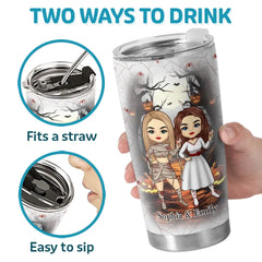 We're Not Just Friends. We're Partners In Crime - Bestie Personalized Custom Tumbler - Halloween Gift For Best Friends. BFF. Sisters