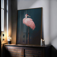 Pink Crane on Blue Print