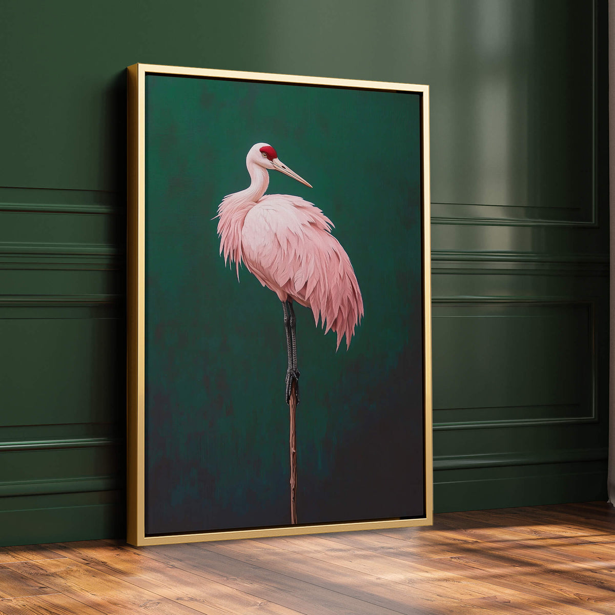 Pink Crane on Green Print