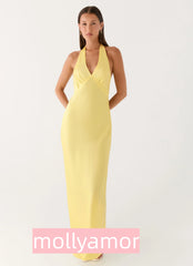 Heavy Hearted Satin Maxi Dress - Lemon