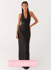 Heavy Hearted Satin Maxi Dress - Black