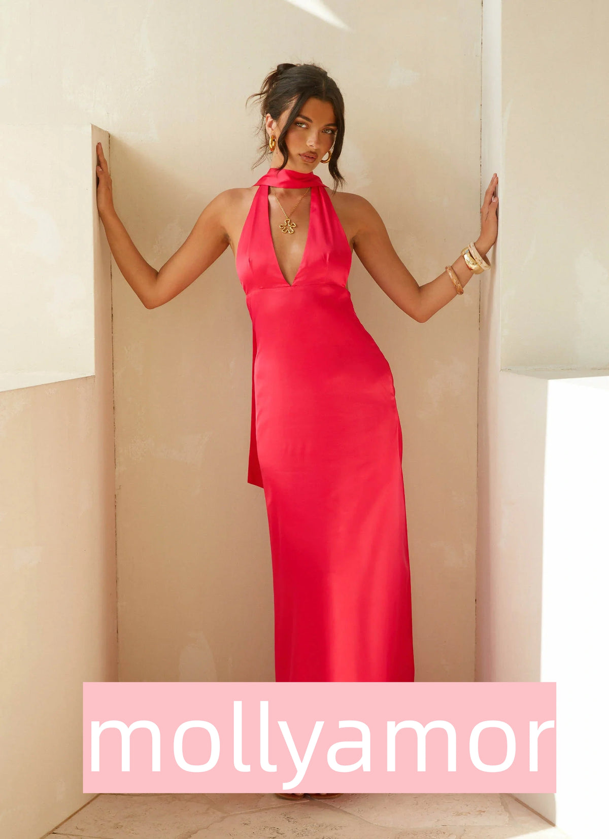Alicia Satin Halter Maxi Dress - Fuchsia